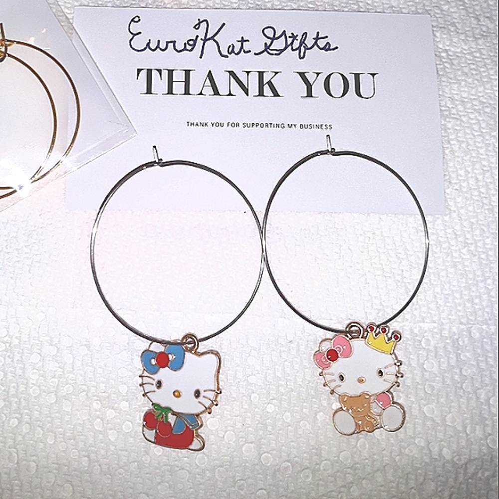 HELLO KITTY Silver Medium Hoop Earrings mis match style Enamel kitty charm NEW
